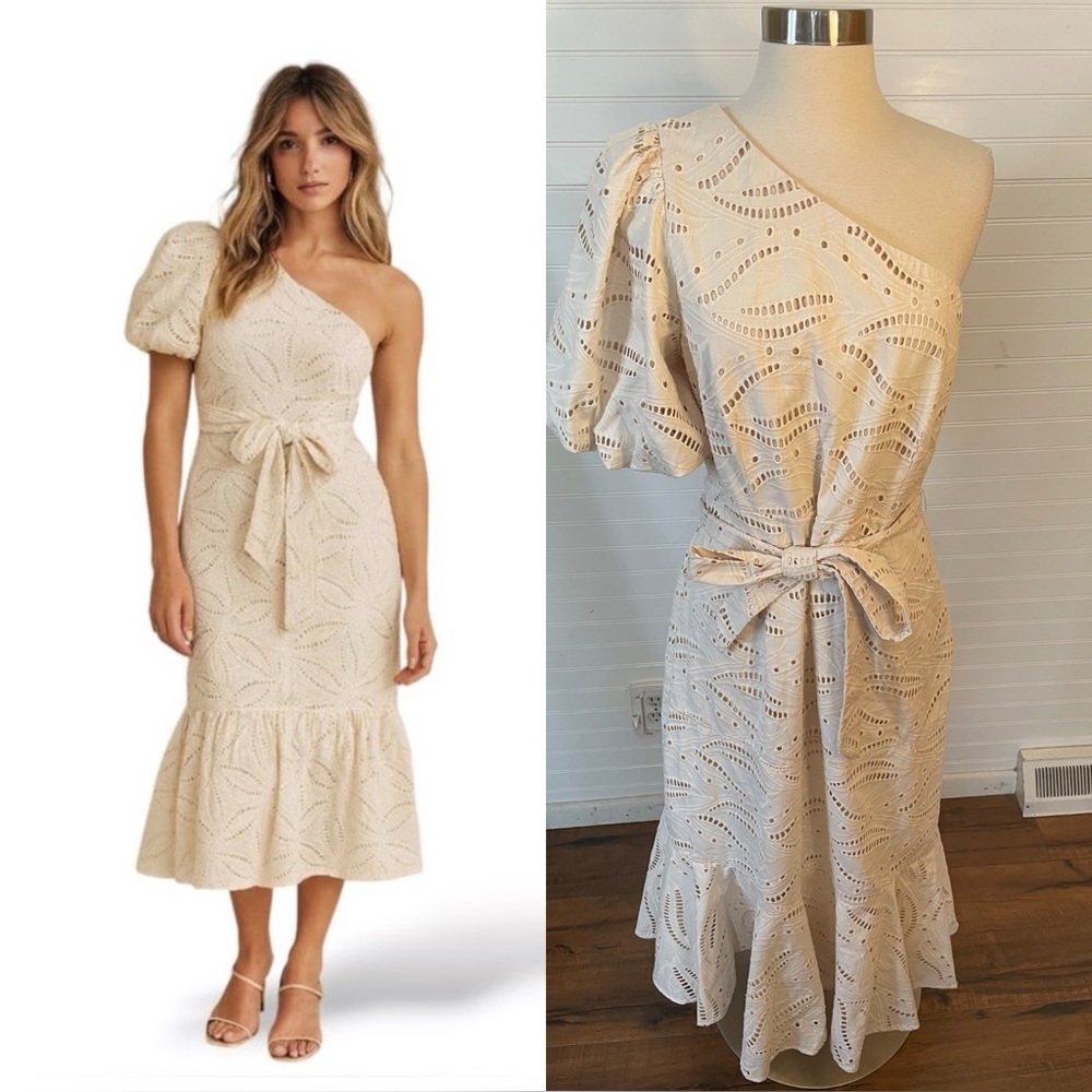 Gibson Latimer Cream Eyelet One-shoulder Fit & Flare Midi Dress Women Size Large